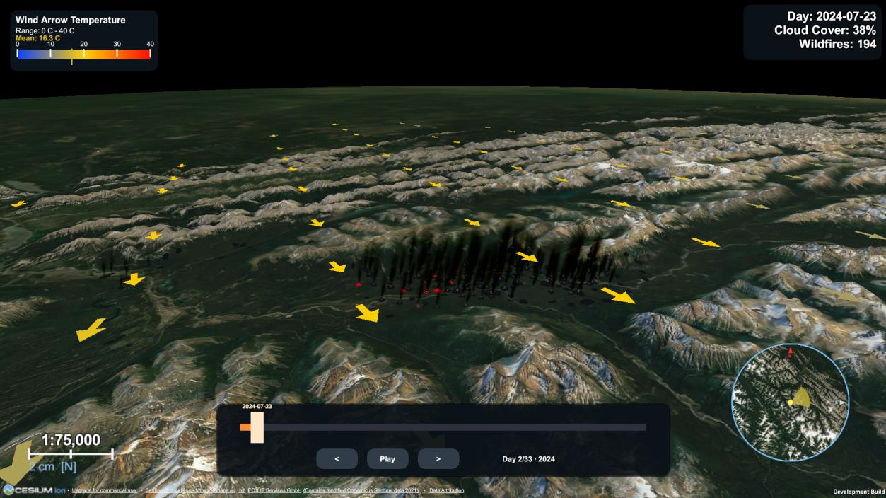Unity desktop build showing the 2024 Jasper wildfire with wind arrows, timeline, and minimap