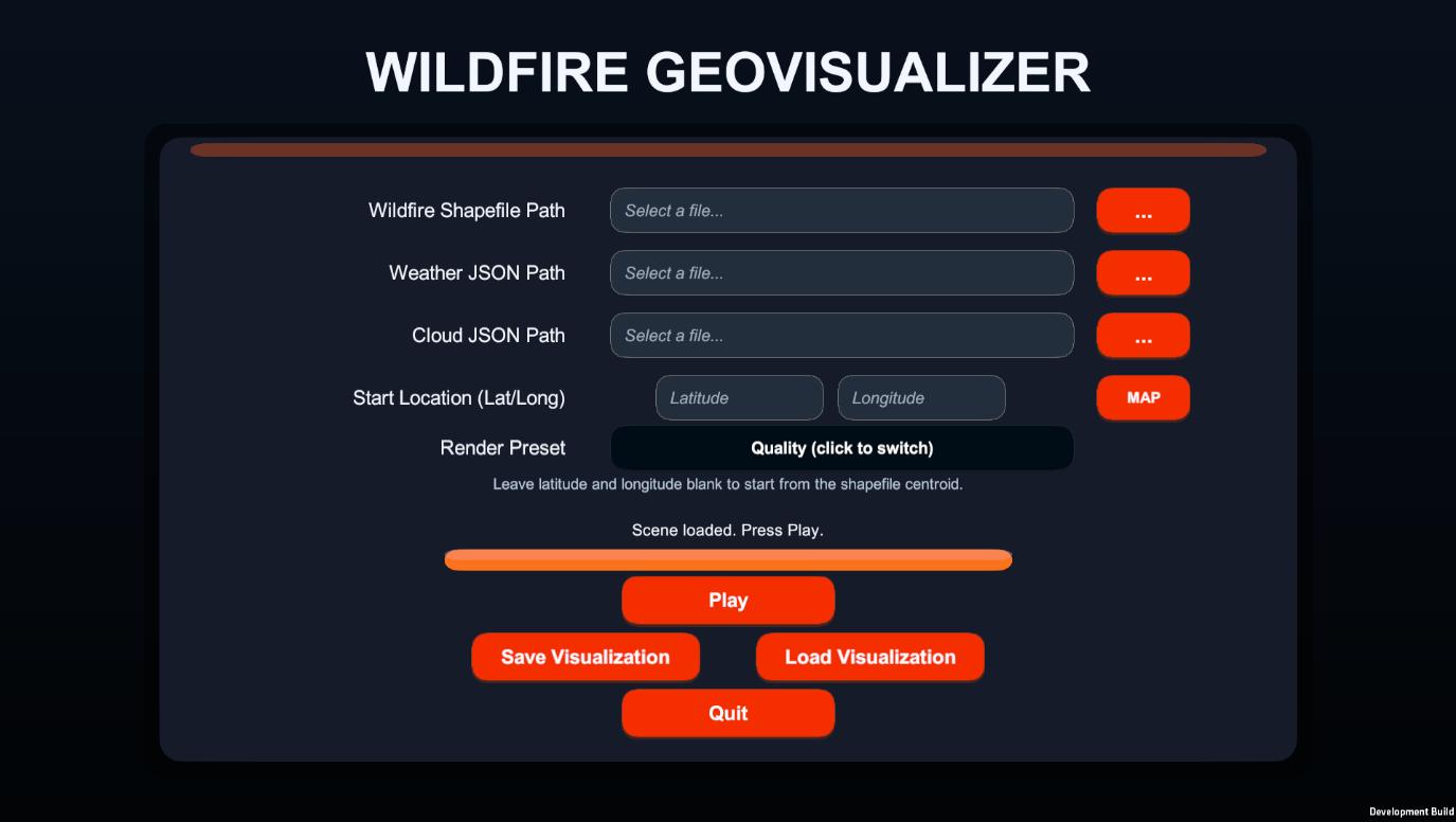 Desktop build launch configuration menu for selecting fire, weather, and terrain inputs
